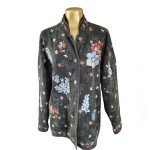 Denim&Co M Asian jean denim jacket with floral embroidery
